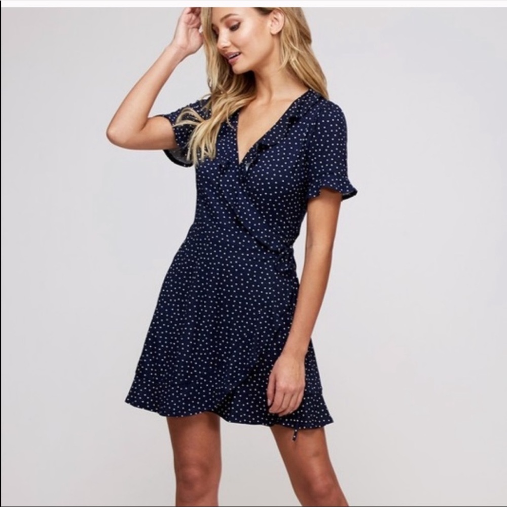 New blue polka dot “mock” wrap dress
